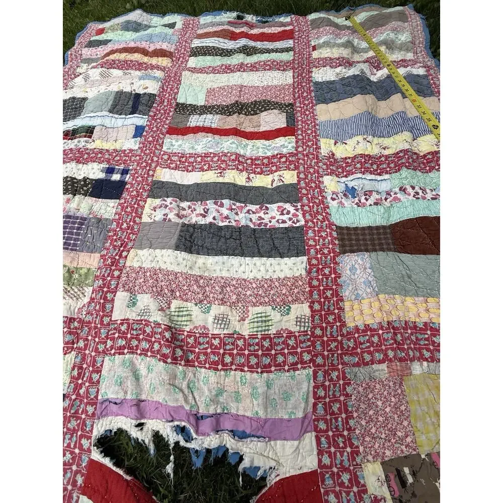Antique Vtg 1920’s CRAZY QUILT Multi-Color Feed Sack Cowboys 78” **Needs Repair